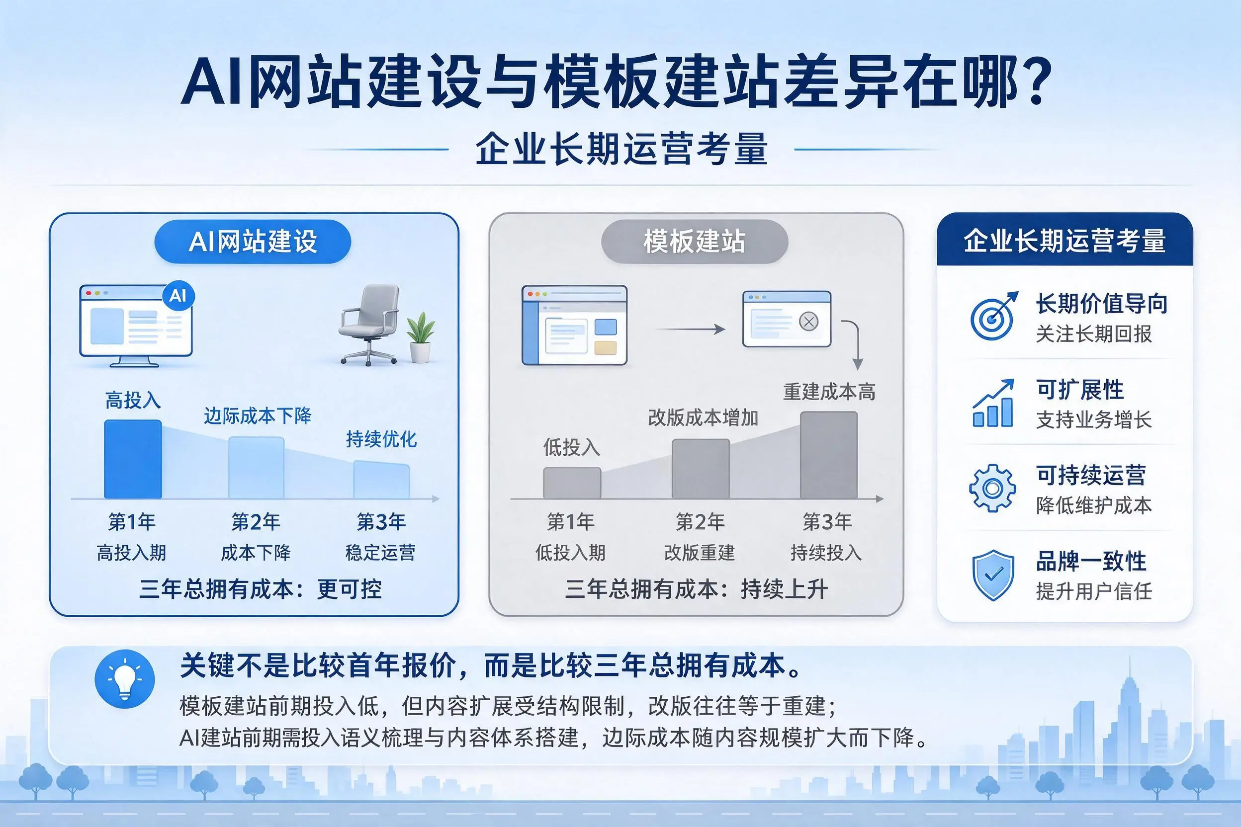 AI网站建设与模板建站差异在哪?辽源企业长期运营考量